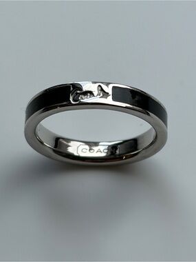 Like New Coach Silver Tone Ring with Black Enamel Inlay
